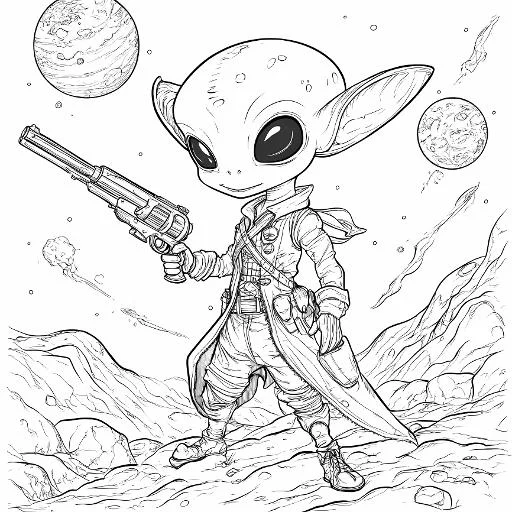 Cute alien cowboy holding a revolver, cartoon sci-fi style — free printable coloring page