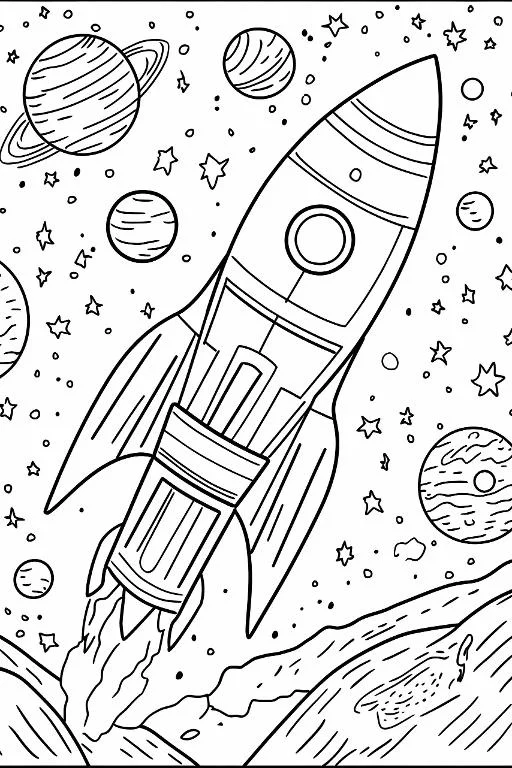 Space rocket taking off from moon surface, cartoon sci-fi style — cartoon style — moderate detail — line art coloring page — for kids and adults of all ages
