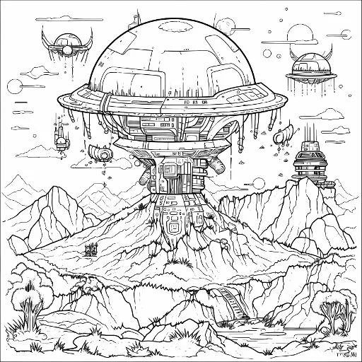 Giant dome ufo base on rocky mountains, sci-fi style — free printable coloring page