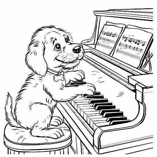 Cute dog playing piano, cartoon style — cartoon style — moderate detail — line art coloring page — for kids and adults of all ages