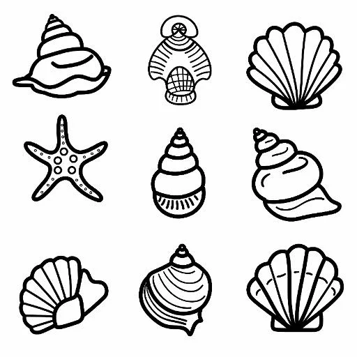 Various seashells and starfish, cartoon style — free printable coloring page