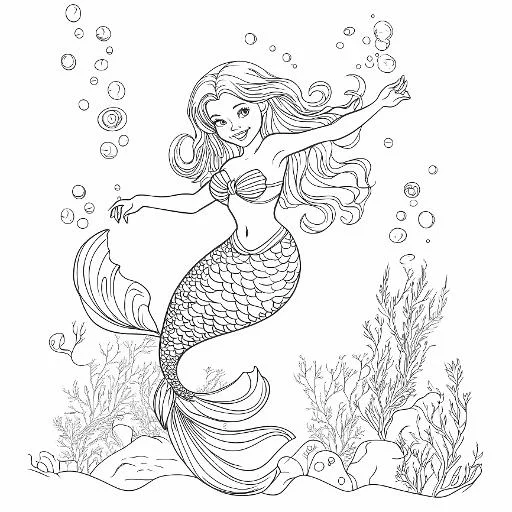 Cute mermaid in underwater scene, cartoon style — free printable coloring page