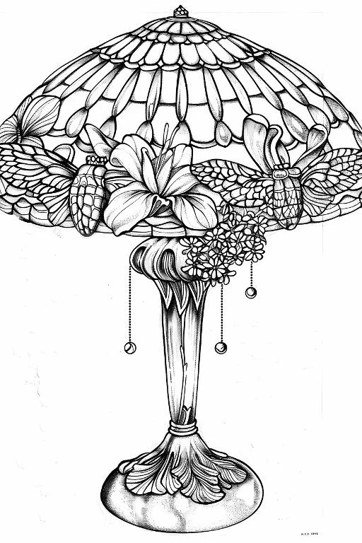 Decorative table lamp adorned with butterflies and lilies, art deco and vintage style — free printable coloring page