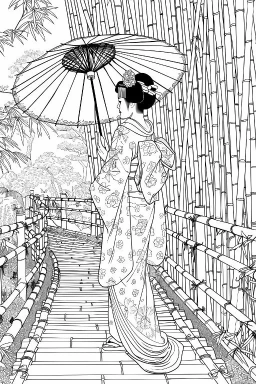 Geisha holding oiled paper umbrella, standing on bamboo staircase in bamboo forest — moderate detail — line art coloring page — for kids and adults of all ages