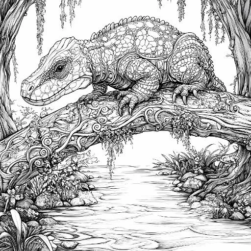 Decorative-patterned lizard perched on ornate tree branch, natural forest stream scene with rocks and plants — free printable reptiles coloring book page