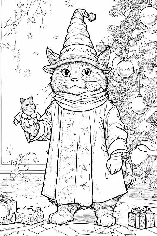 Anthropomorphic cat in christmas costume holding a small mouse, cartoon illustration style — cartoon style — moderate detail — line art coloring page — for kids and adults of all ages
