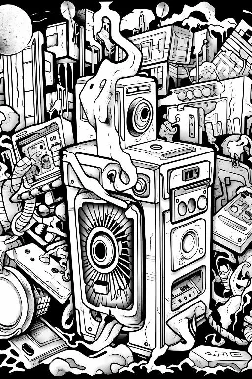 Melting retro electronic devices including boomboxes, game consoles and old monitors — free printable nostalgia coloring book page