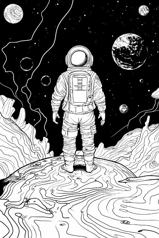 Astronaut standing on alien planet surface, sci-fi style — moderate detail — line art coloring page — for kids and adults of all ages