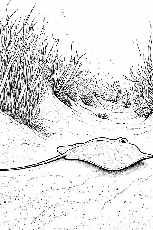 Stingray on sandy seabed, realistic sketch style — free printable coloring page