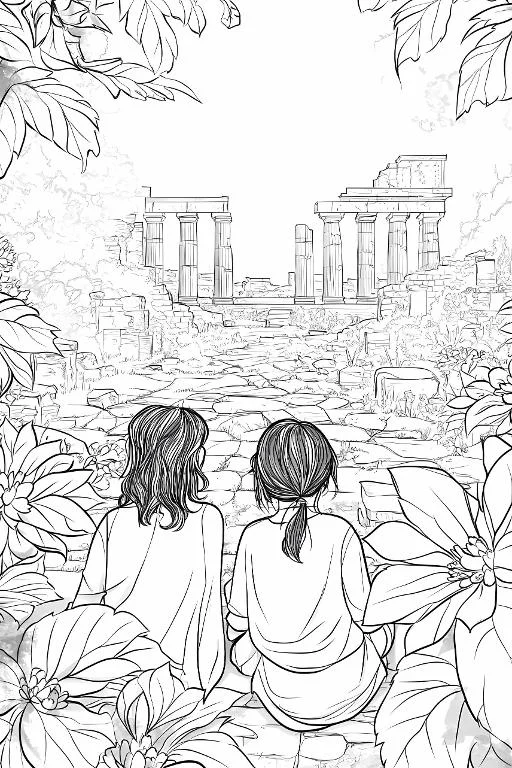 Two girls from behind gazing at ancient greek ruins, realistic line art — free printable historical culture coloring book page