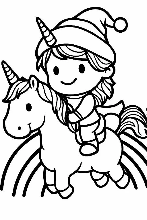 Child wearing santa hat riding a unicorn over rainbow, cartoon style — cartoon style — beginner-friendly — line art coloring page — for toddlers and preschoolers