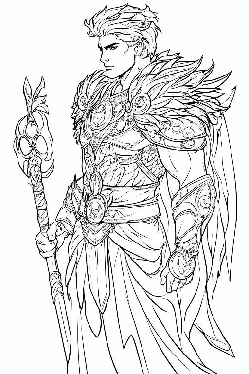 Winged armored warrior holding ornate staff, anime style — free printable coloring page