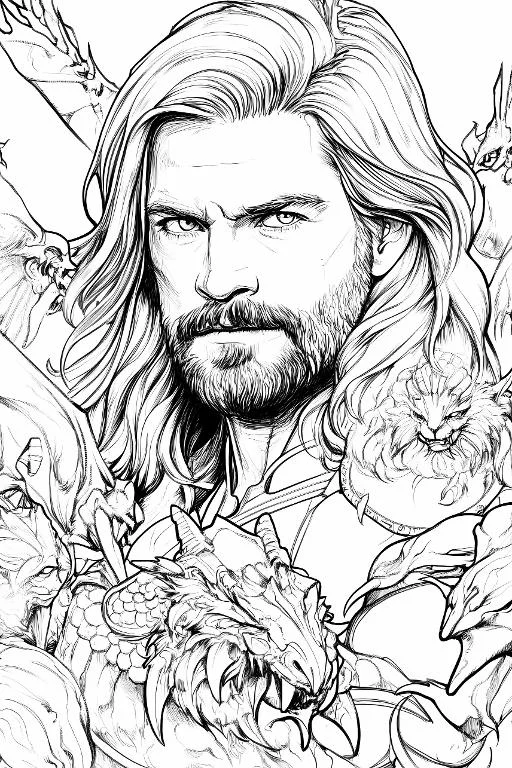Thor with fantasy dragons and mythical creatures, anime style — free printable coloring page