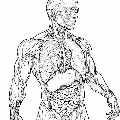 Human torso anatomical line art showing muscles and internal organs including lungs, heart — free printable popular science coloring book page