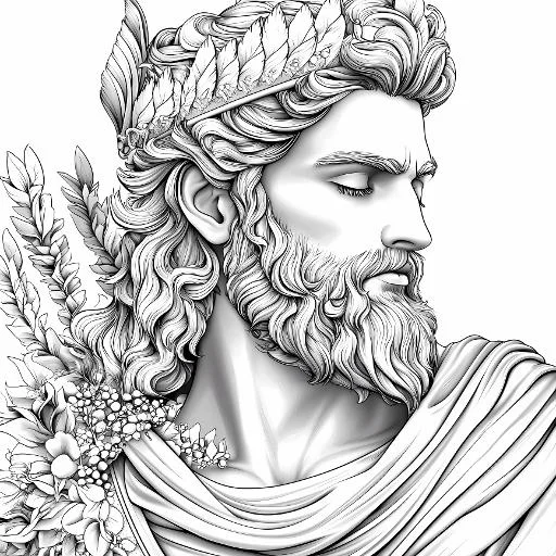 Classical mythological male figure with leaf crown, surrounded by flowers and leaves — highly detailed — line art coloring page — for kids and adults of all ages