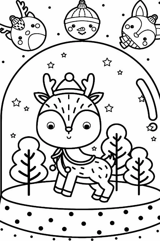 Cute christmas reindeer wearing santa hat inside snow globe, cartoon style — free printable coloring page