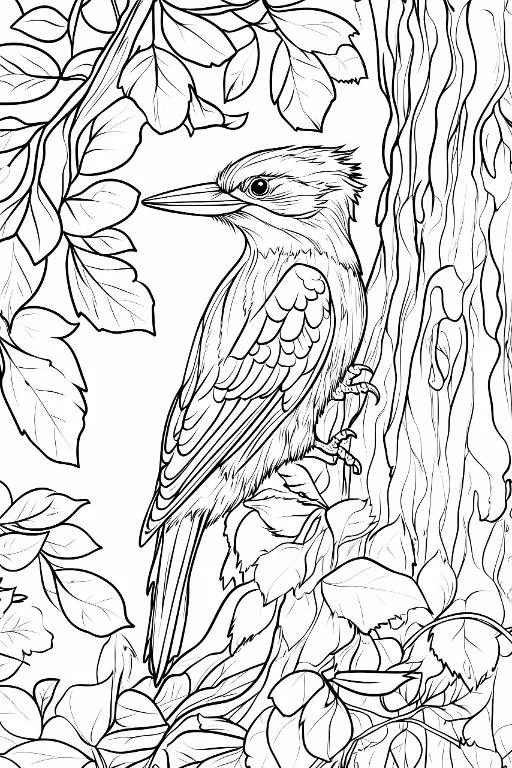 Woodpecker in the forest, realistic line art style — free printable coloring page