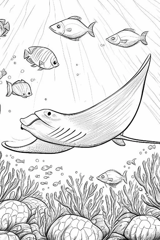 Manta ray and school of fish in underwater scene, fine smooth outlines — free printable coloring page