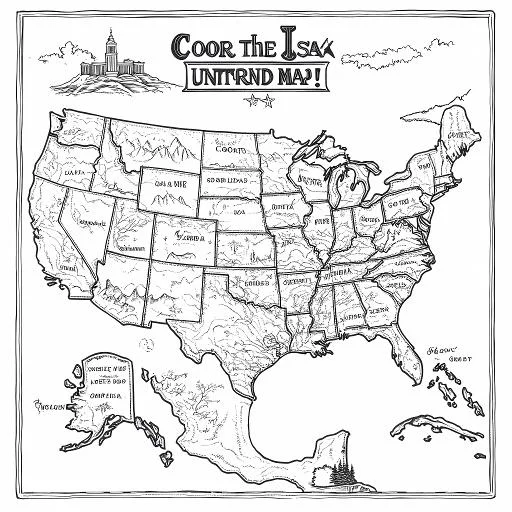 Usa unturned map for coloring, hand-drawn sketch style — moderate detail — line art coloring page — for kids and adults of all ages