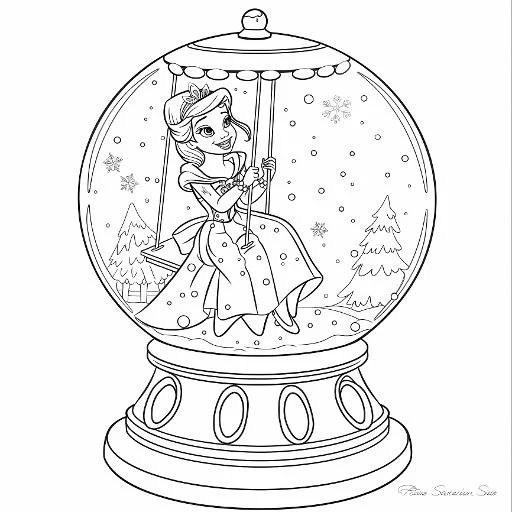 Princess sofia on swing inside snow globe, cartoon fairy tale style — cartoon style — moderate detail — line art coloring page — for kids ages 3–12