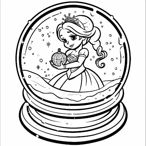 Princess inside snow globe holding decorative orb, cartoon style — free printable coloring page