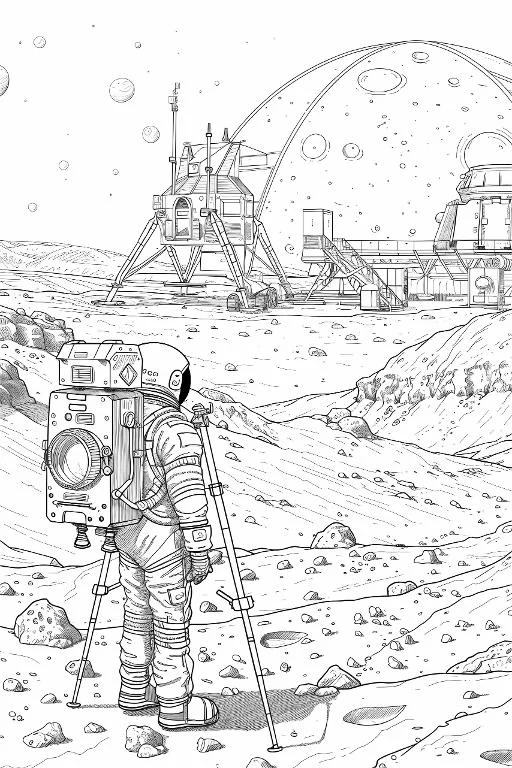 Astronaut with portable camera on tripod on alien planet surface, sci-fi style — free printable alien landscape coloring book page