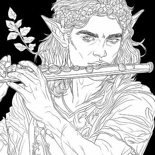 Male elf playing flute, realistic line art style — realistic style — moderate detail — line art coloring page — for kids and adults of all ages