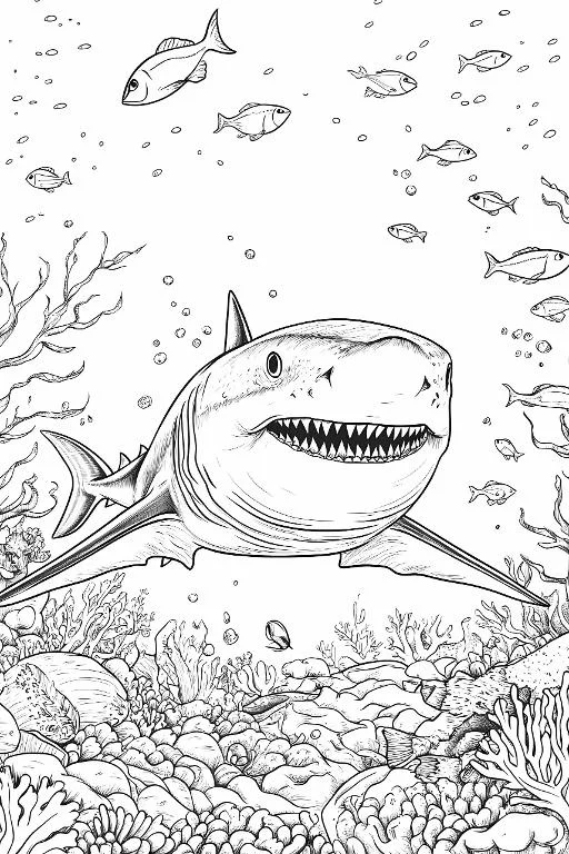 Shark in underwater scene, realistic line art style — free printable coloring page