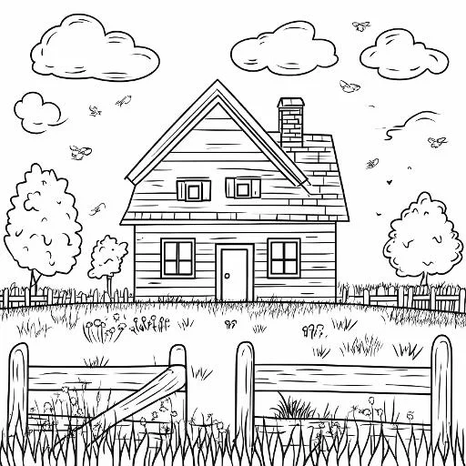 Rural cottage, sketch style — free printable coloring page