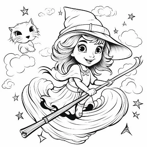 Coloring book page, cute little witch riding a magic broom with a flying cat — free printable coloring page