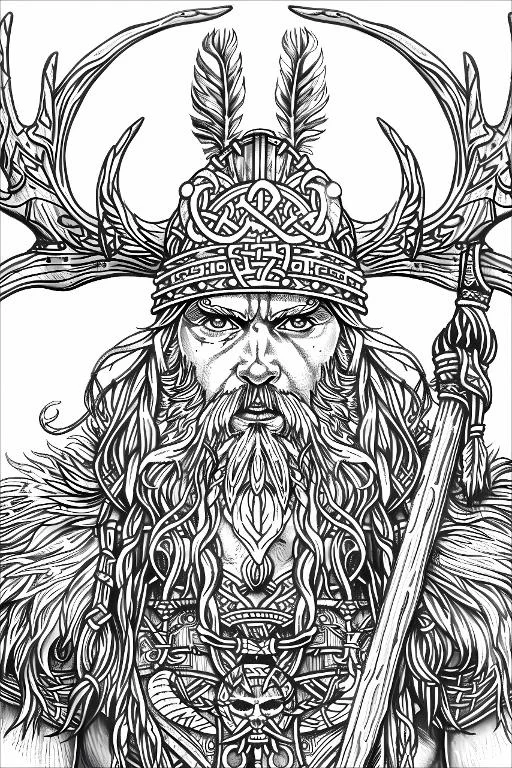 Nordic god with antler helmet, nordic celtic tribal style — highly detailed — line art coloring page — for teens and adults