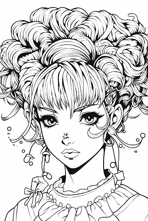 Japanese anime girl with fluffy curly bangs and nose stud, anime style — free printable coloring page