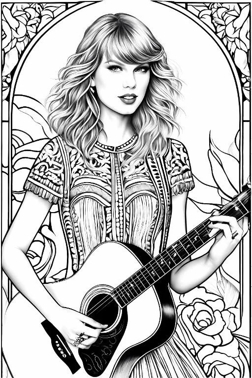 Blonde female singer holding acoustic guitar, realistic illustration style — realistic style — moderate detail — line art coloring page — for kids and adults of all ages