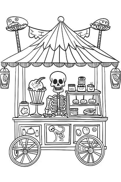 Skeleton running a spooky street snack cart, cartoon horror style — cartoon style — moderate detail — line art coloring page — for teens and adults