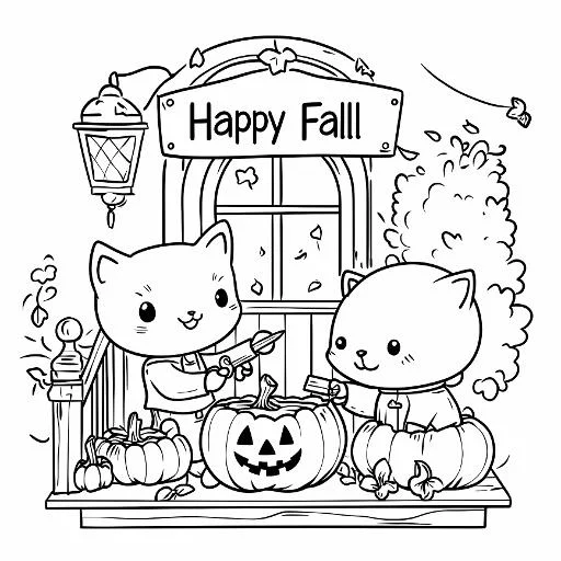 Two cute cartoon cats carving pumpkin lantern on a house porch, happy fall theme — free printable coloring page