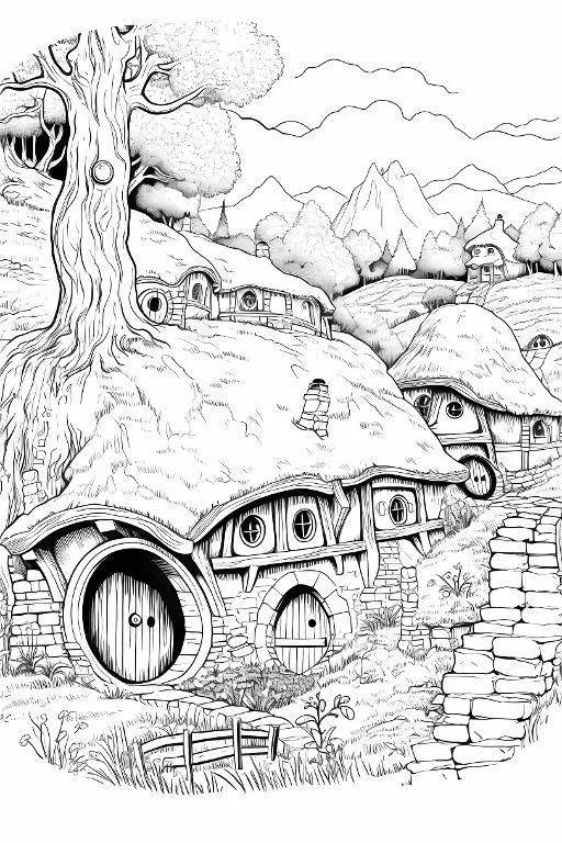 Hobbit-style thatched roof cottages cluster, fairy tale sketch style — moderate detail — line art coloring page — for kids and adults of all ages