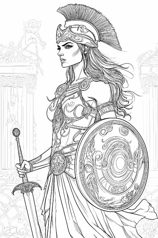 Coloring book page, ancient greek female warrior holding sword and shield — free printable coloring page