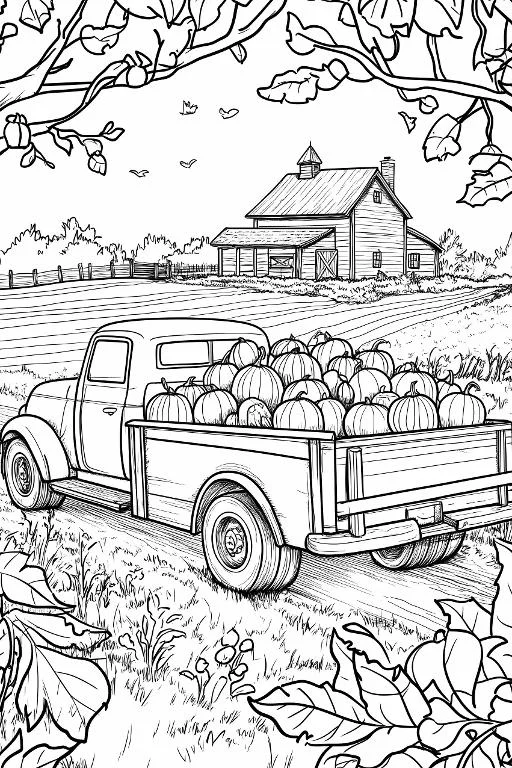 Vintage truck loaded with pumpkins, rural farm scene with barn house — free printable coloring page