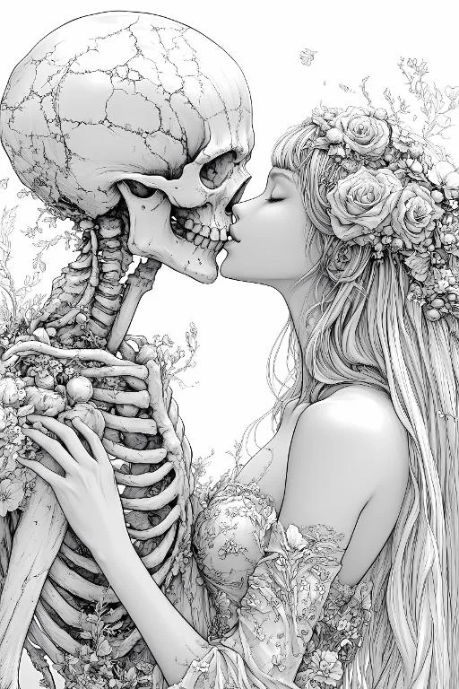 A skeleton kissing a flower-crowned girl, gothic fantasy style — highly detailed — line art coloring page — for teens and adults