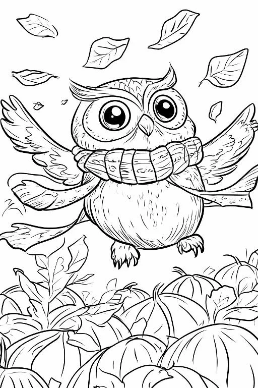 Cute cartoon owl wearing a knit scarf, flying over a pumpkin patch with falling autumn leaves — free printable coloring page