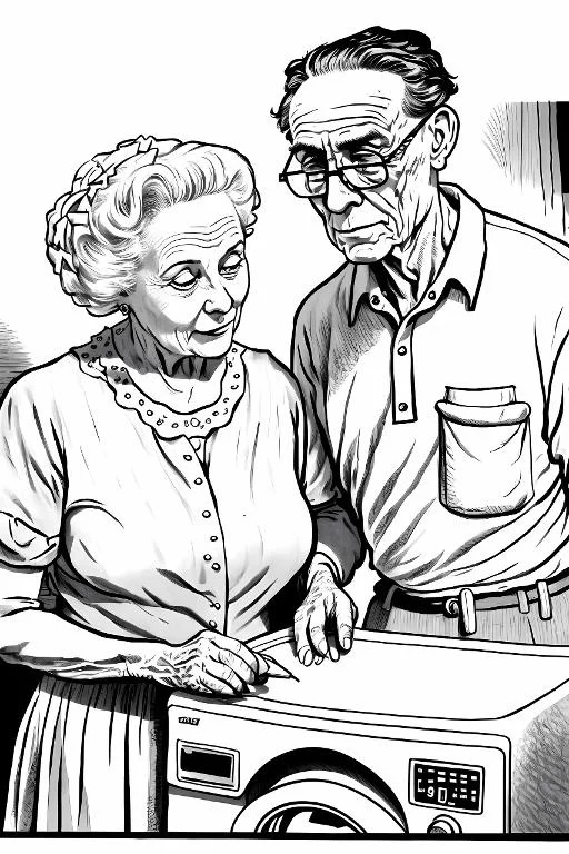 Elderly couple with washing machine, realistic style — free printable senior life coloring book page