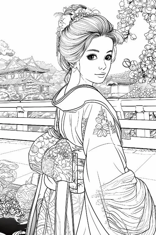 Japanese girl in traditional kimono, anime style — moderate detail — line art coloring page — for kids and adults of all ages