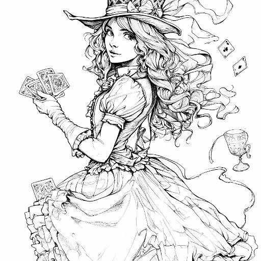 Vintage witch with curly hair wearing a wide-brimmed hat holding playing cards, fairy tale and vintage style — moderate detail — line art coloring page — for kids and adults of all ages