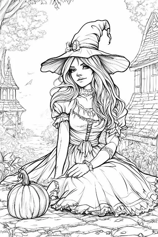 Cute witch with pumpkin, cartoon style line art — cartoon style — moderate detail — line art coloring page — for kids and adults of all ages