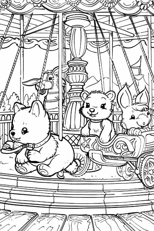 Cute cartoon animals on a carousel including dog, bear — free printable amusement park coloring book page
