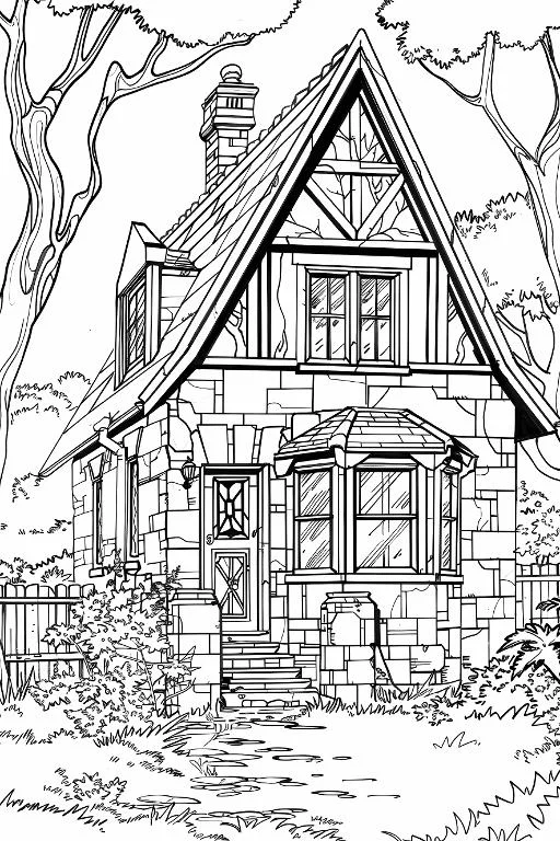Rustic stone cottage, realistic illustration style — free printable coloring page