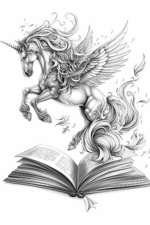 Winged unicorn leaping from an open book, fantasy sketch style — free printable coloring page