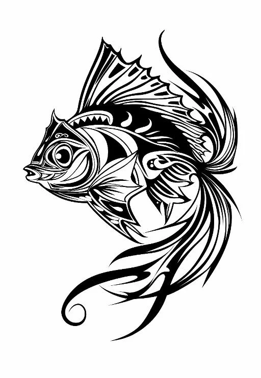 Coloring book page, tribal style fish — moderate detail — line art coloring page — for kids and adults of all ages