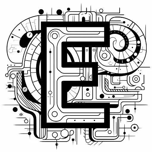 Coloring book page, mechanical-style letter e — highly detailed — line art coloring page — for kids and adults of all ages