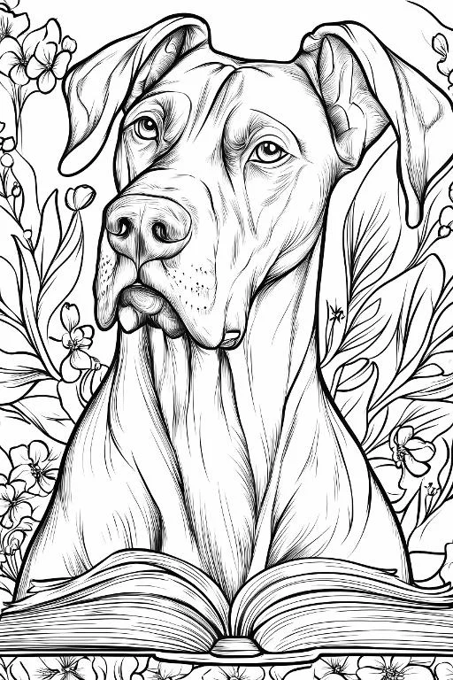Coloring book page, great dane dog reading an open book — free printable coloring page